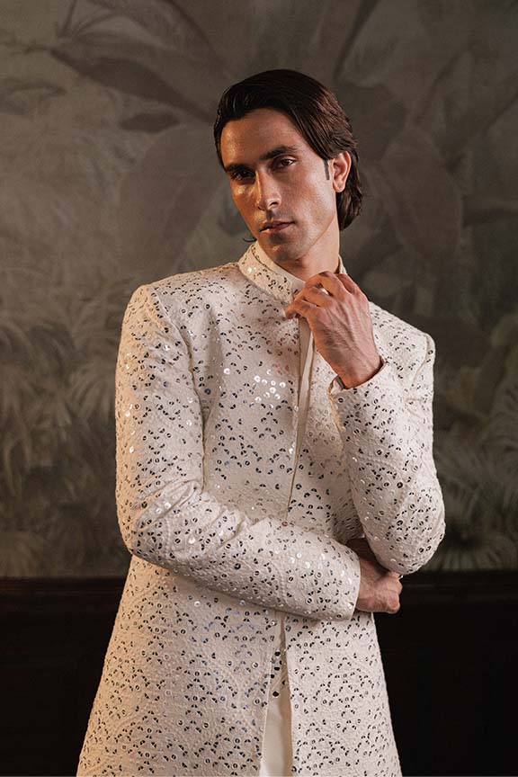 ER  -118 Milky White Mirror Embroidered Front Open Sherwani