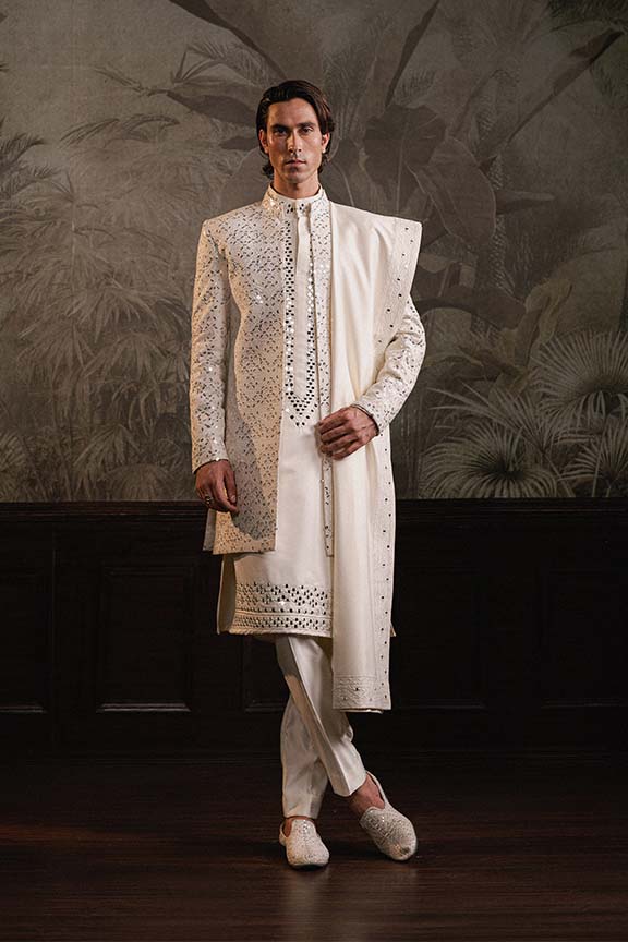 ER  -118 Milky White Mirror Embroidered Front Open Sherwani