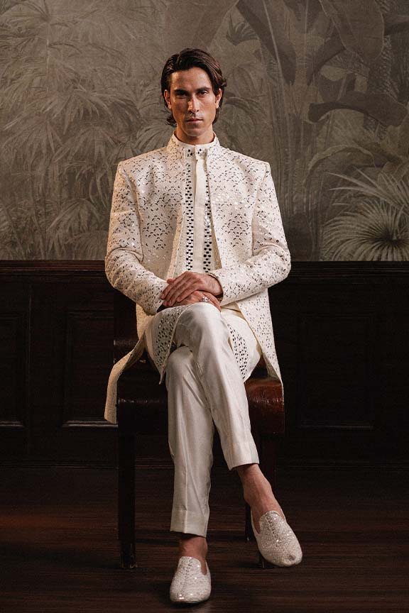 ER  -118 Milky White Mirror Embroidered Front Open Sherwani