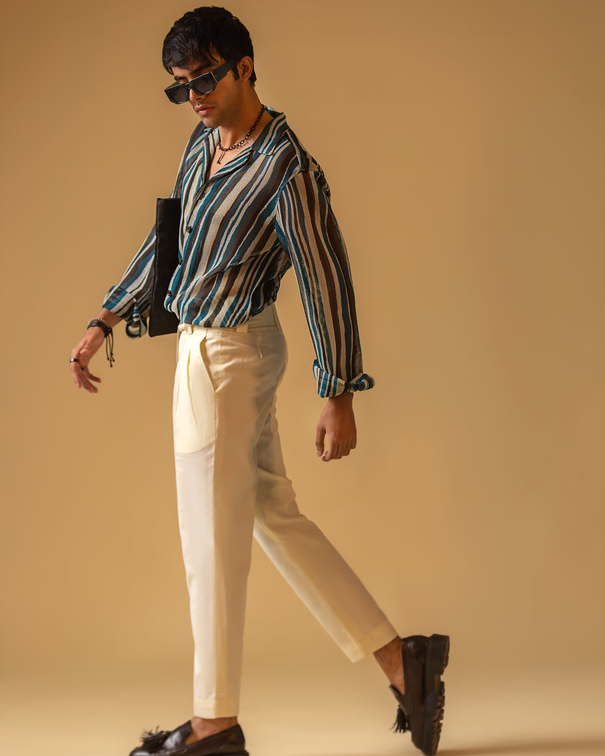 Short Sleeve Camp Collar Shirt & High Waisted Fitted Belt Pant