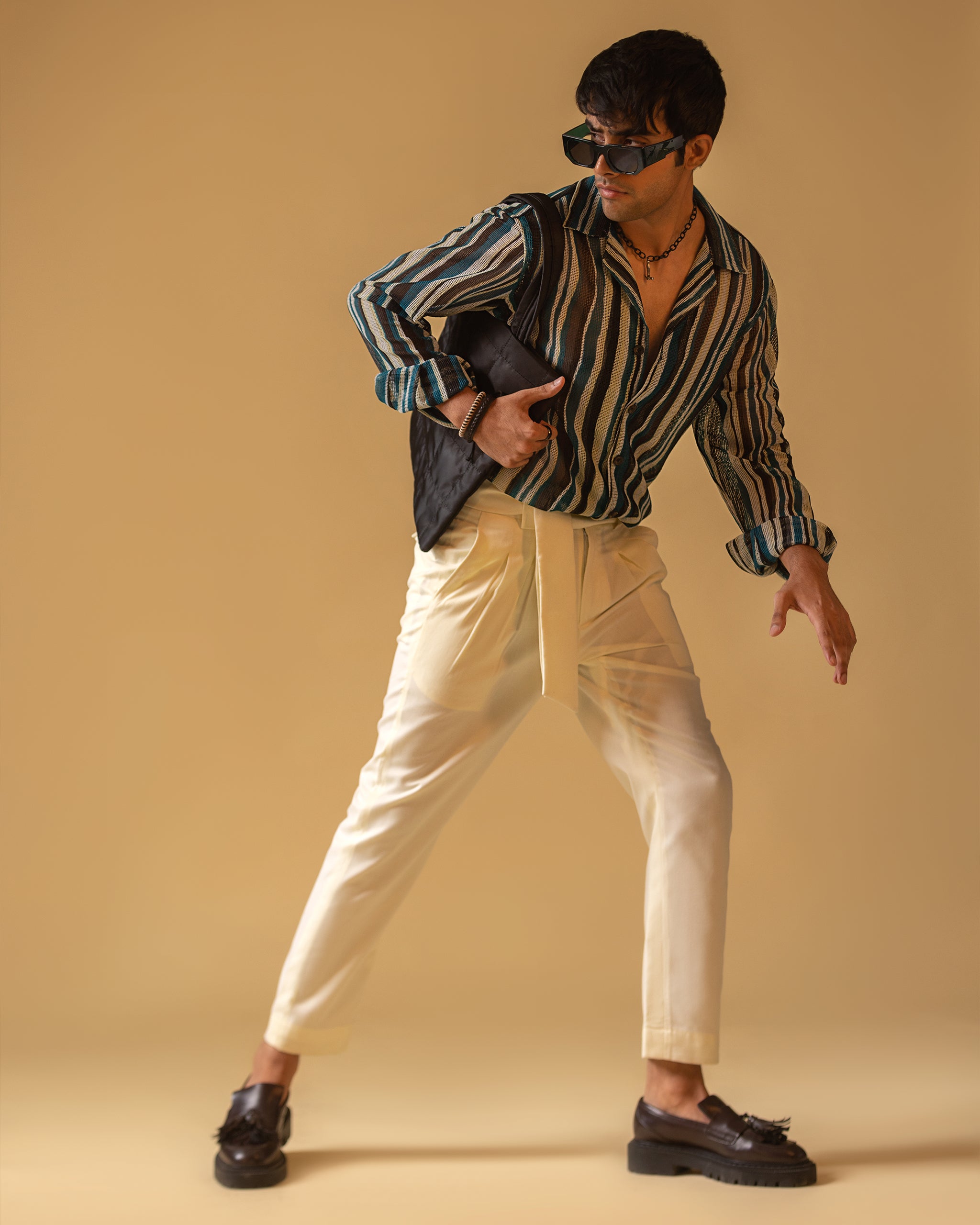 Short Sleeve Camp Collar Shirt & High Waisted Fitted Belt Pant