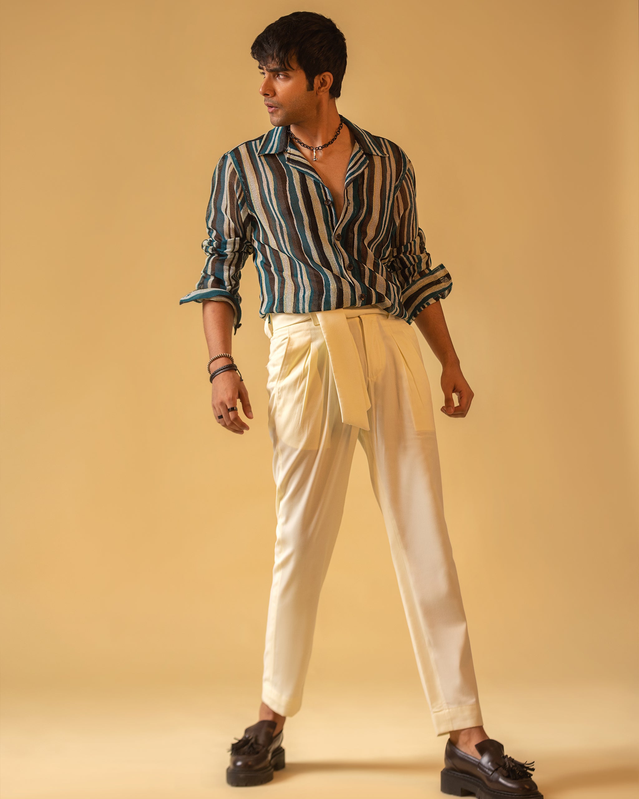 Short Sleeve Camp Collar Shirt & High Waisted Fitted Belt Pant