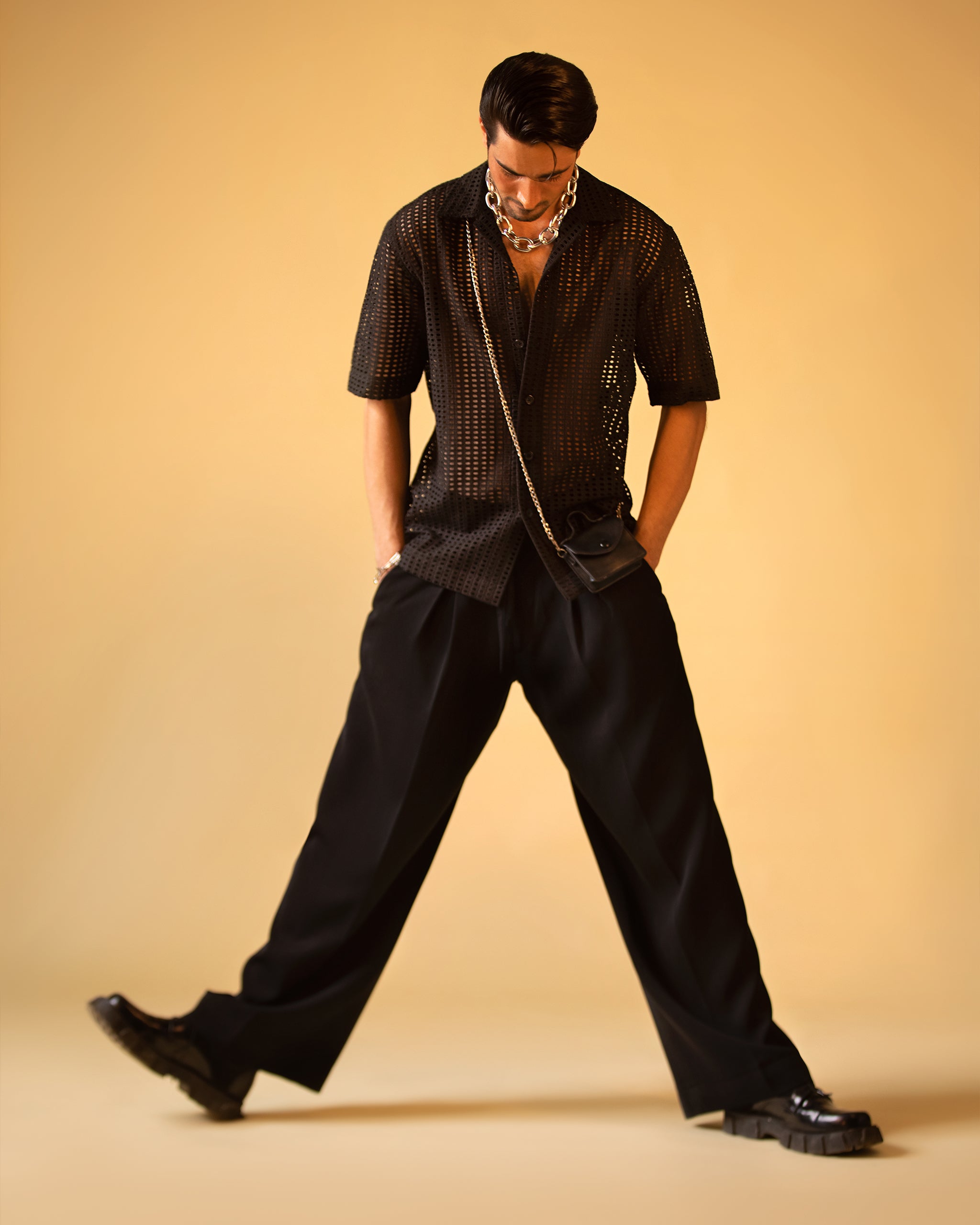 Polo Short Sleeve Button-Down Shirt & Lose Wide Trouser