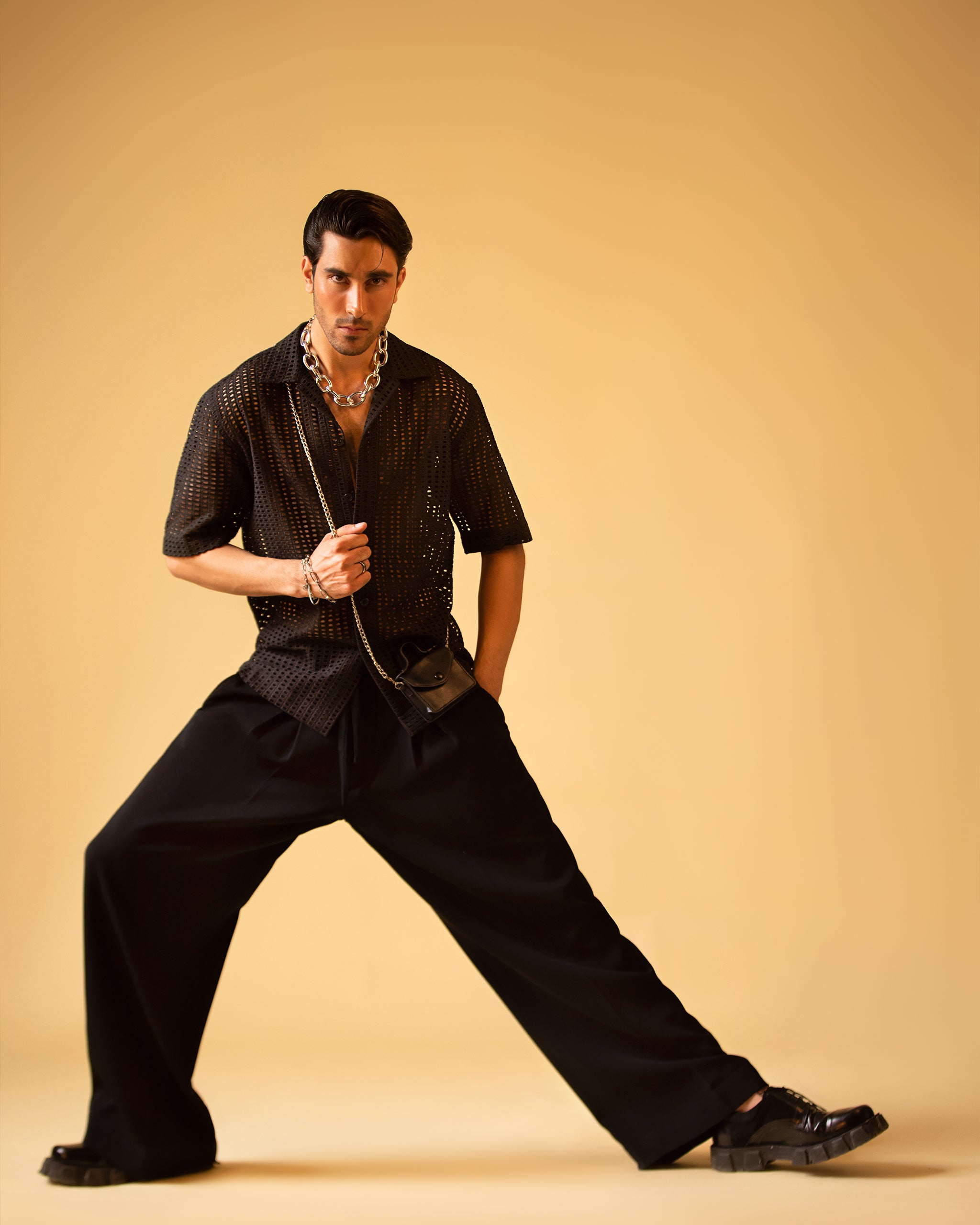 Polo Short Sleeve Button-Down Shirt & Lose Wide Trouser