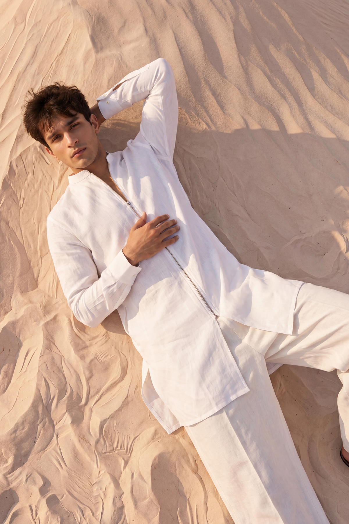 White Zipper Linen Kurta Pajama