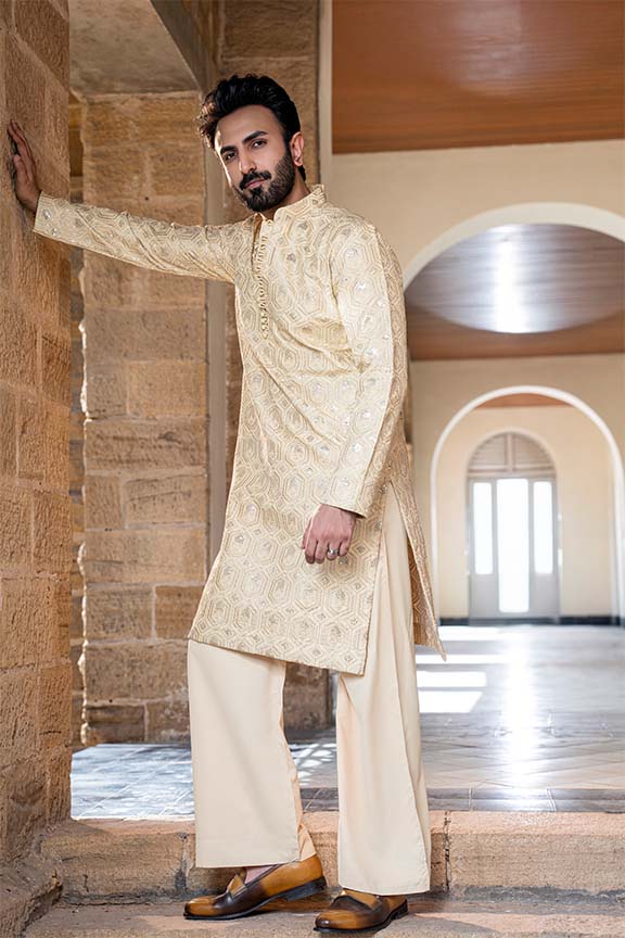 Embroidered Buff Gold Kurta Pajama with Loop Button Closures