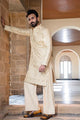 Embroidered Buff Gold Kurta Pajama with Loop Button Closures