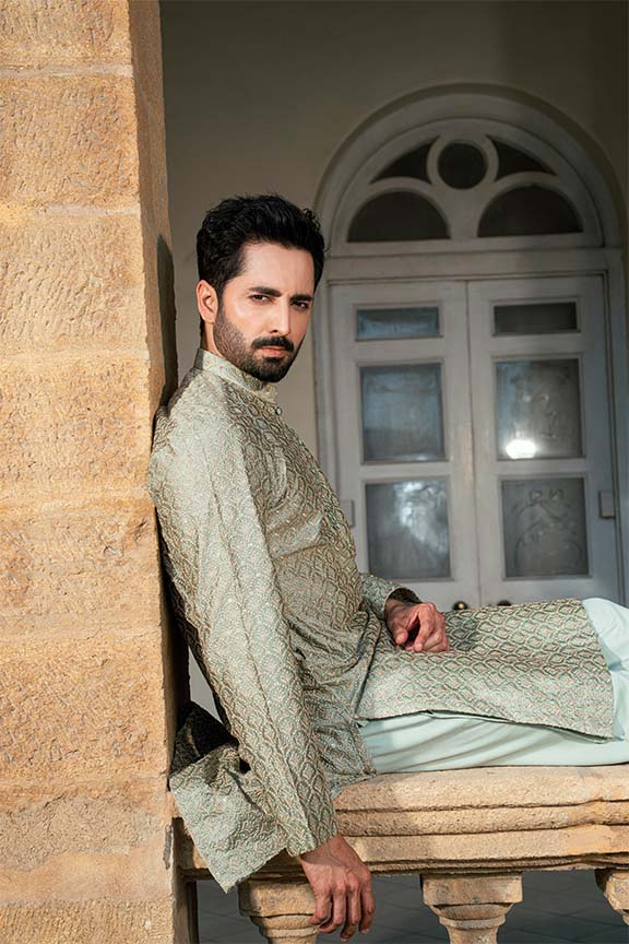 Slate Green Kurta & Pajama Set with Pleated Collar