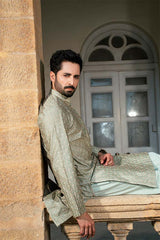 Slate Green Kurta & Pajama Set with Pleated Collar