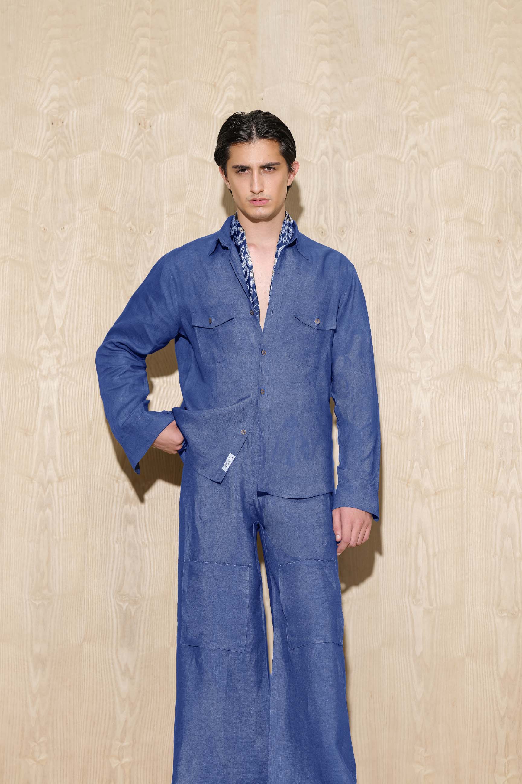 Indigo Blue “Old Money” Cuban Collar Shirt with Bell-Bottom Trousers