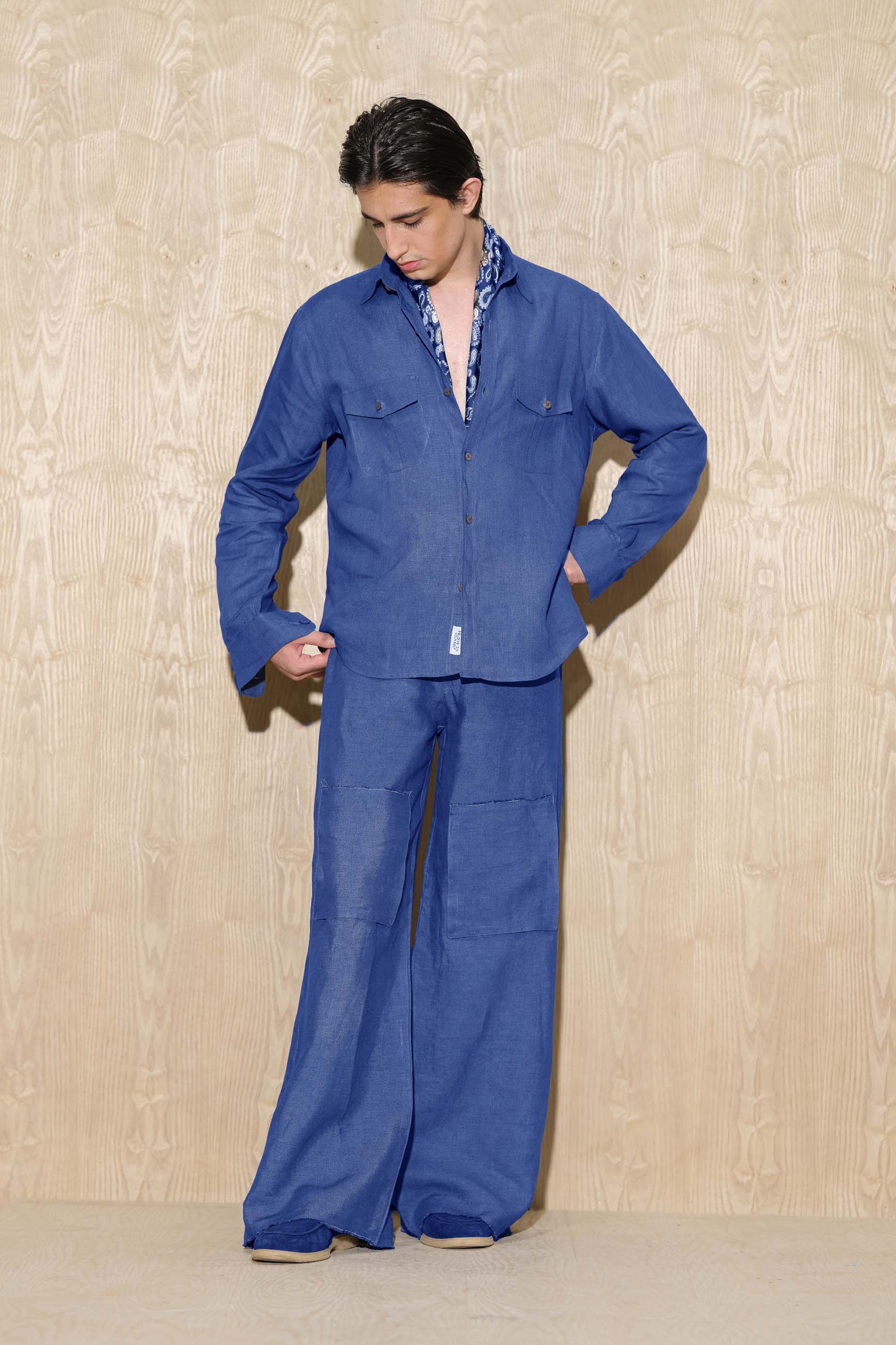 Indigo Blue “Old Money” Cuban Collar Shirt with Bell-Bottom Trousers