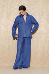 Indigo Blue “Old Money” Cuban Collar Shirt with Bell-Bottom Trousers