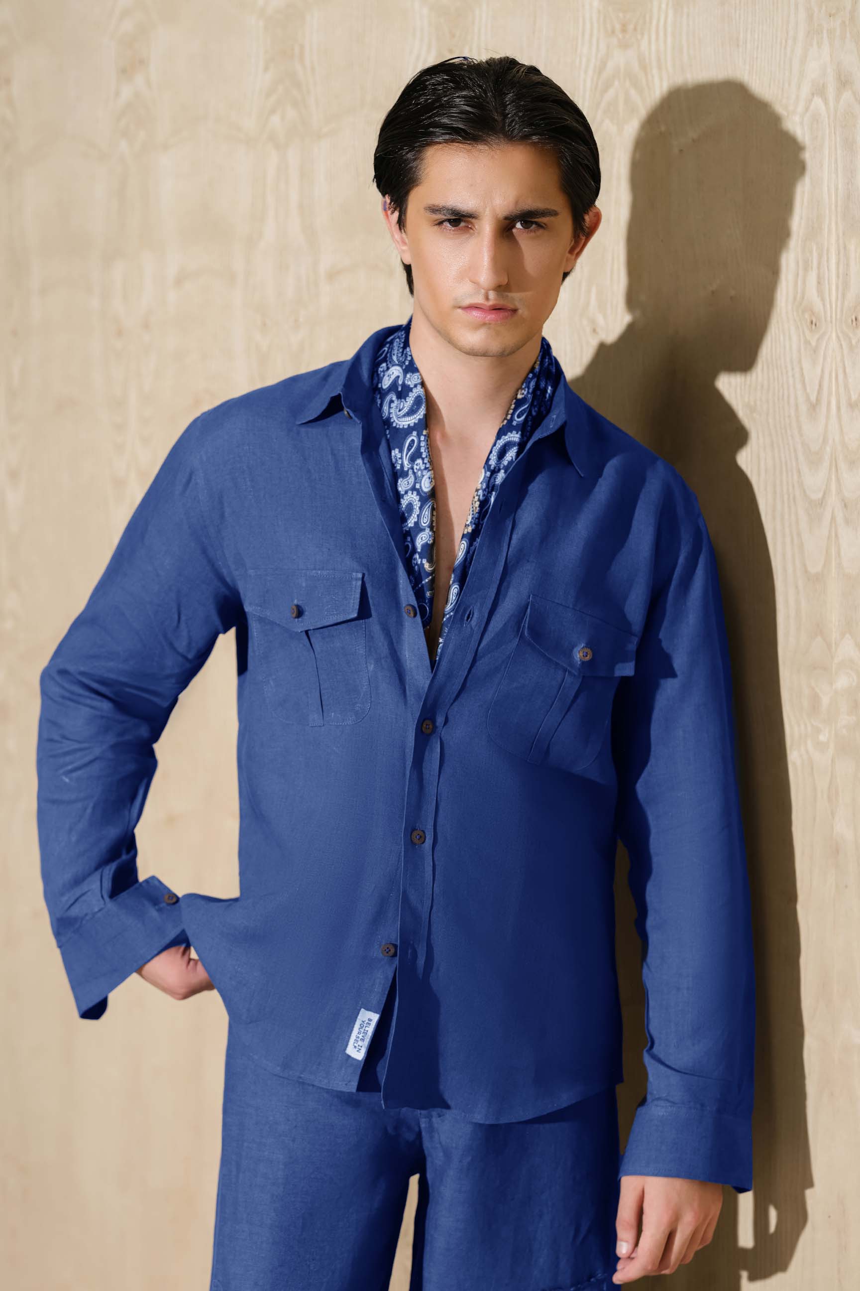 Indigo Blue “Old Money” Cuban Collar Shirt with Bell-Bottom Trousers