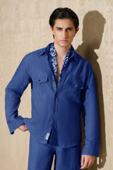 Indigo Blue “Old Money” Cuban Collar Shirt with Bell-Bottom Trousers