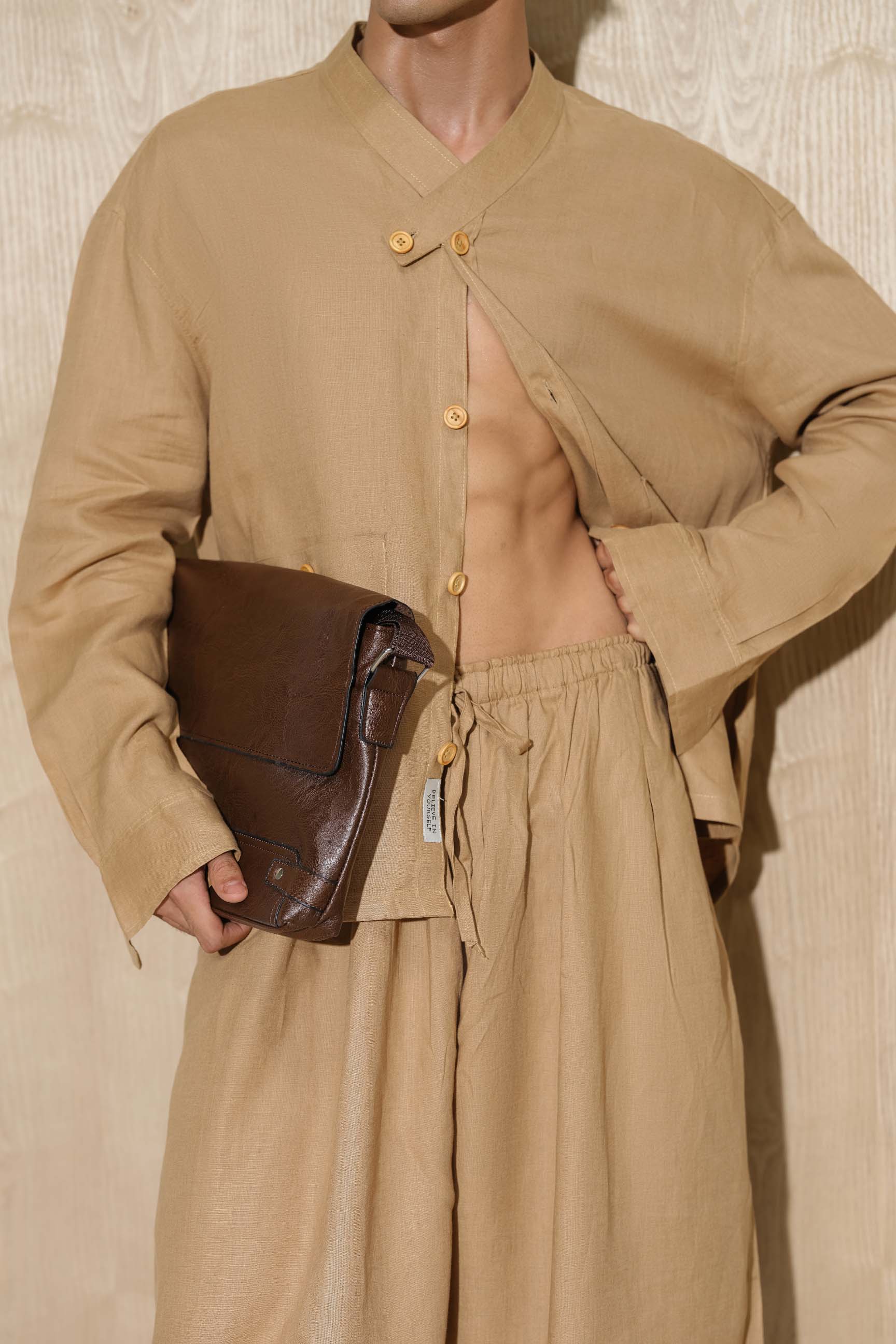 Super Oversized Boutique Beige Shirt with Pleated Balloon Trousers