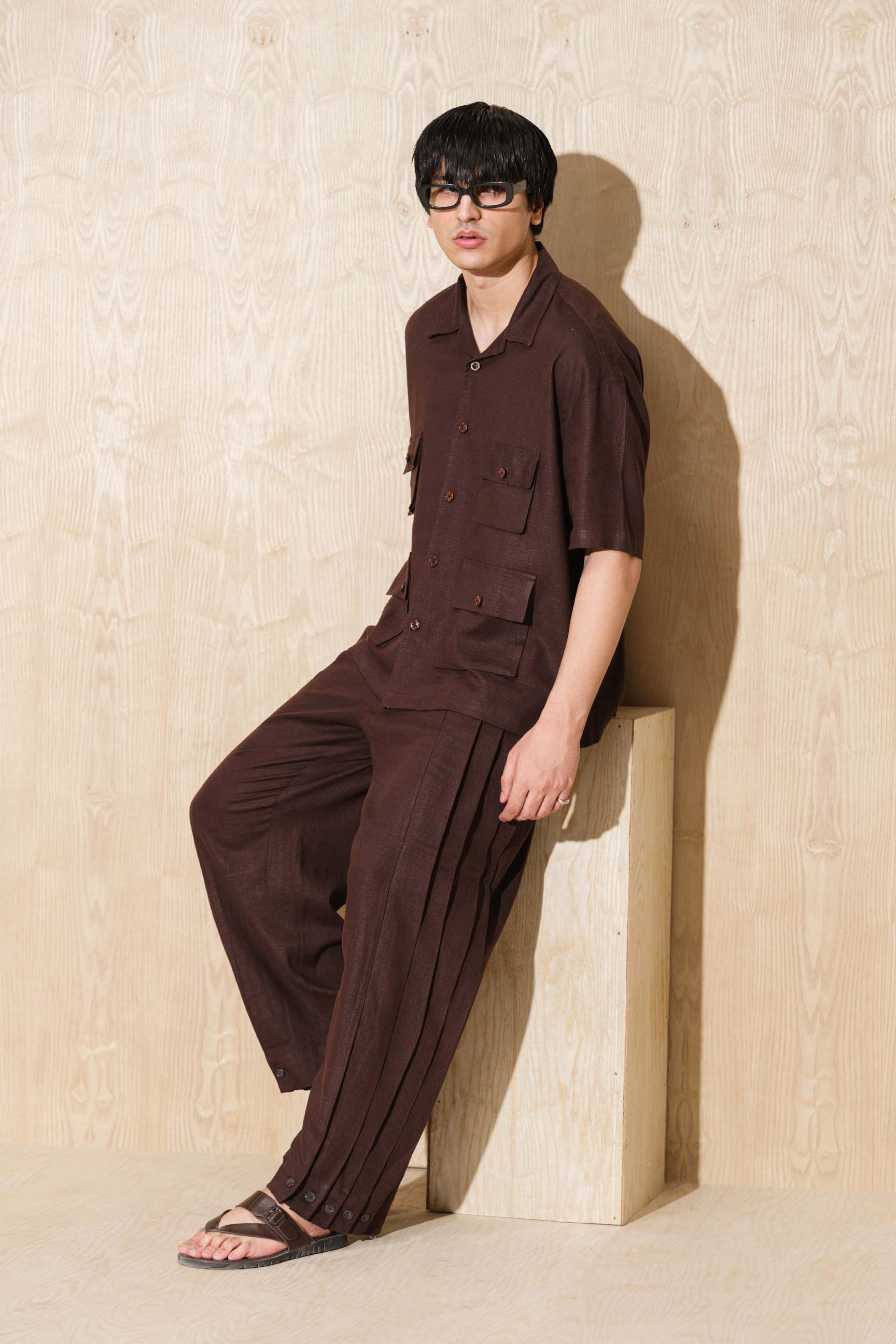 Nespresso Brown Oversized Shirt with Wide Baggy Pleated Trousers