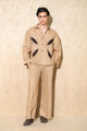 Dirt-Toned Oversized Shirt with Cutwork Design & High-Waist Wide-Leg Trousers