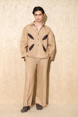 Dirt-Toned Oversized Shirt with Cutwork Design & High-Waist Wide-Leg Trousers