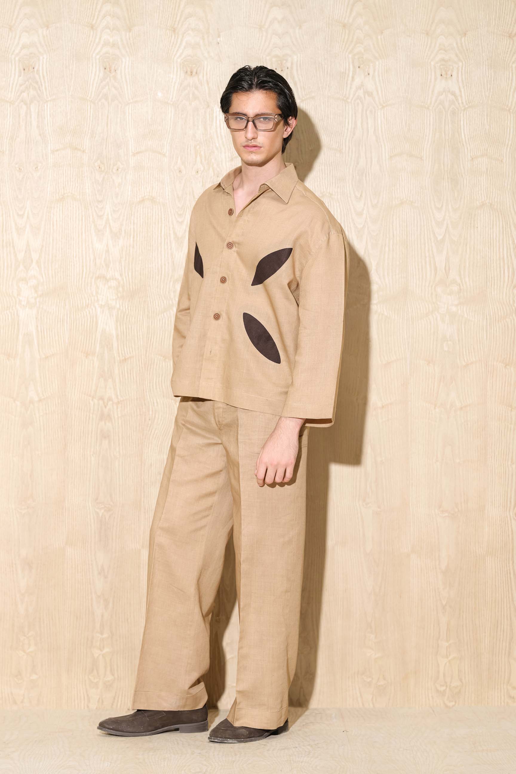 Dirt-Toned Oversized Shirt with Cutwork Design & High-Waist Wide-Leg Trousers