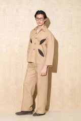 Dirt-Toned Oversized Shirt with Cutwork Design & High-Waist Wide-Leg Trousers
