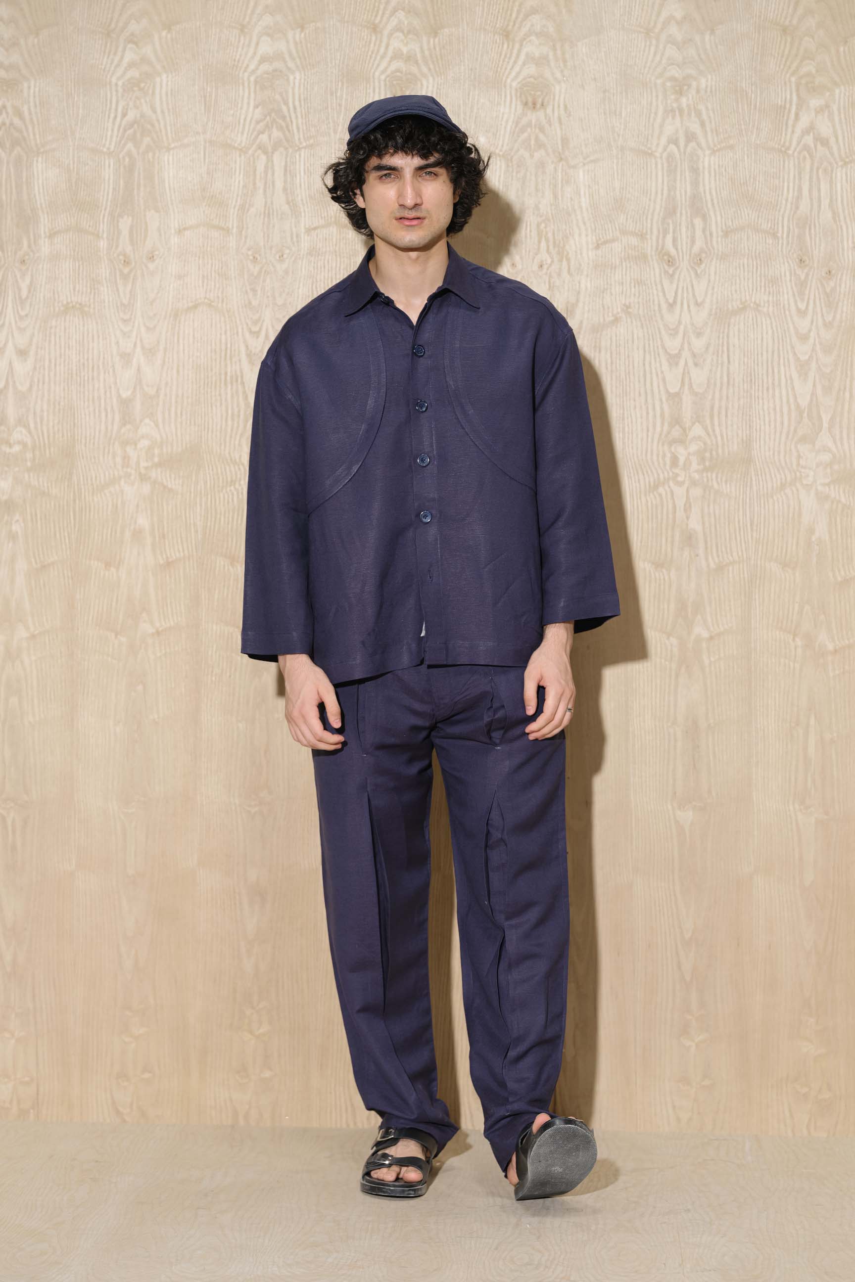 Berry Blue Calle Oversized Utility Shirt with Wide-Leg Pleated Trousers