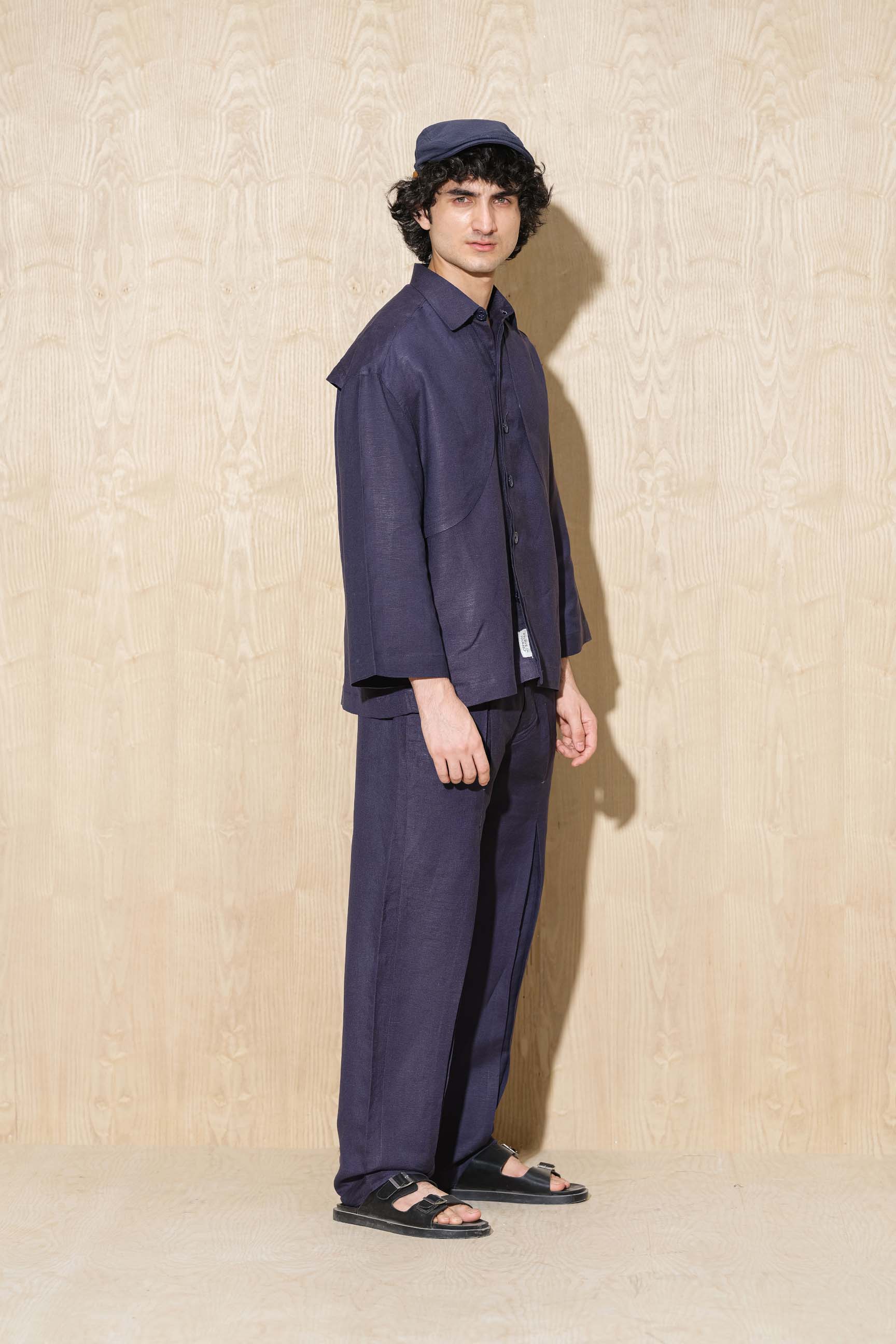 Berry Blue Calle Oversized Utility Shirt with Wide-Leg Pleated Trousers