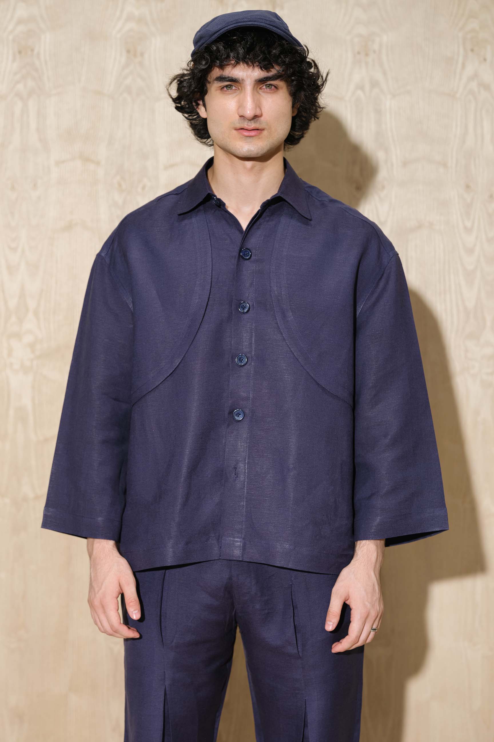 Berry Blue Calle Oversized Utility Shirt with Wide-Leg Pleated Trousers