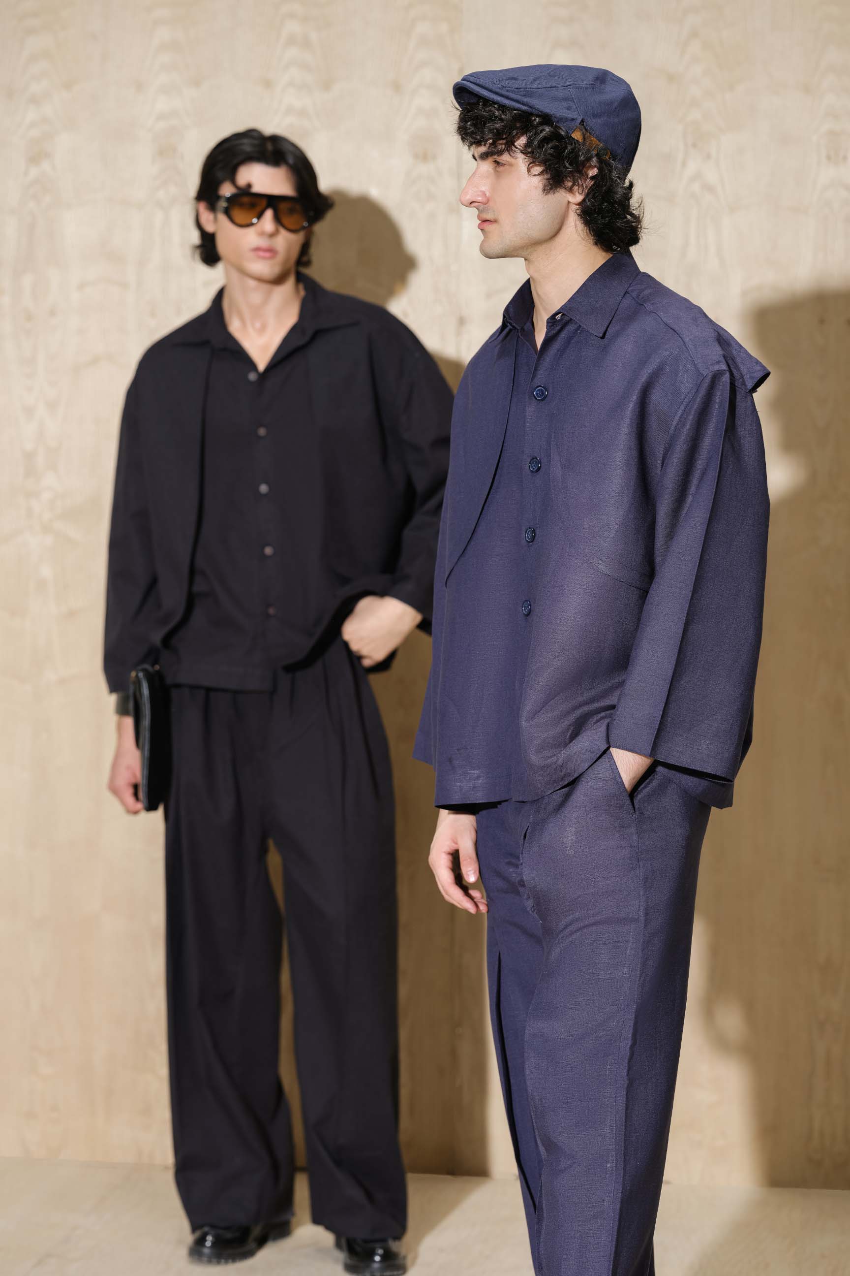 Berry Blue Calle Oversized Utility Shirt with Wide-Leg Pleated Trousers