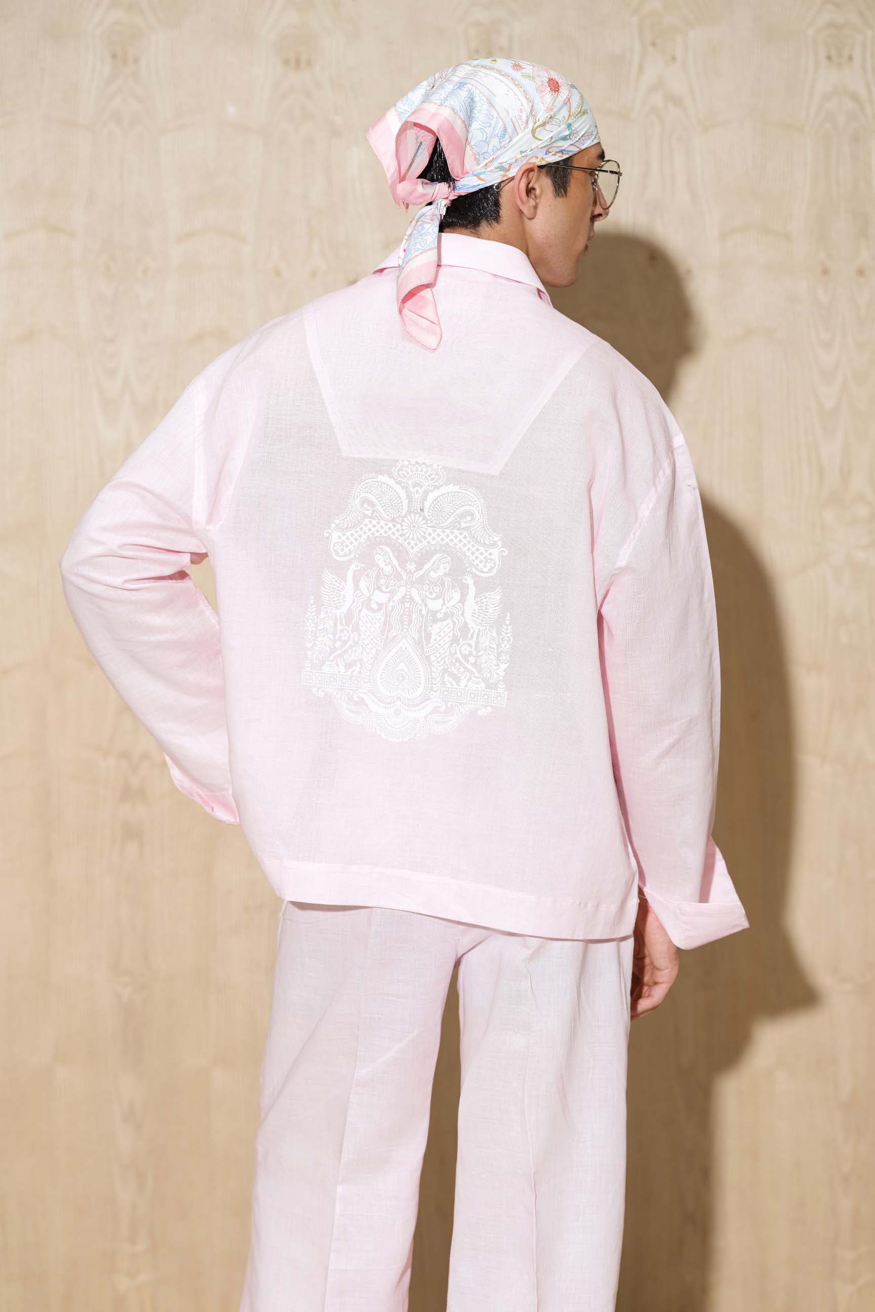 Powder Pink Oversized V-Neck Shirt with Baggy Wide-Leg Trousers