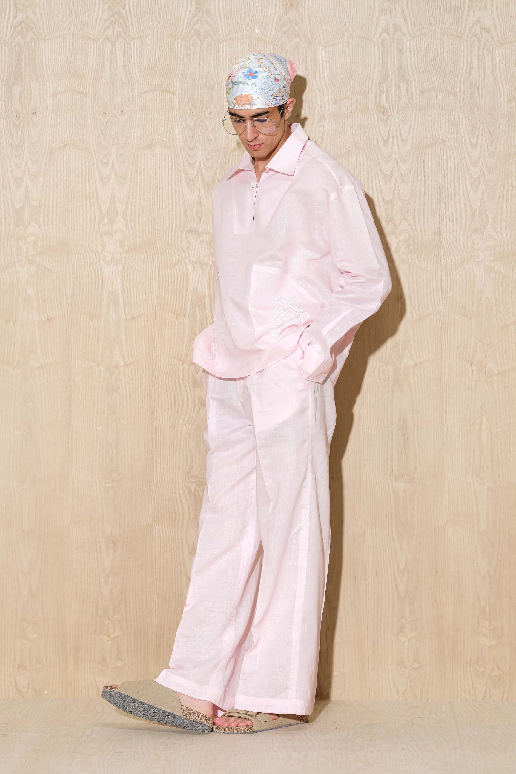 Powder Pink Oversized V-Neck Shirt with Baggy Wide-Leg Trousers