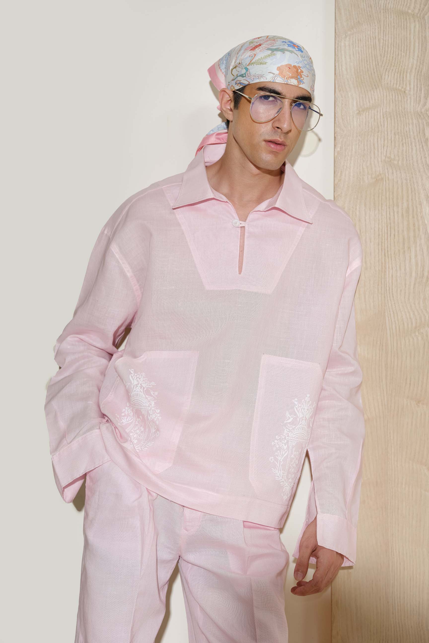 Powder Pink Oversized V-Neck Shirt with Baggy Wide-Leg Trousers
