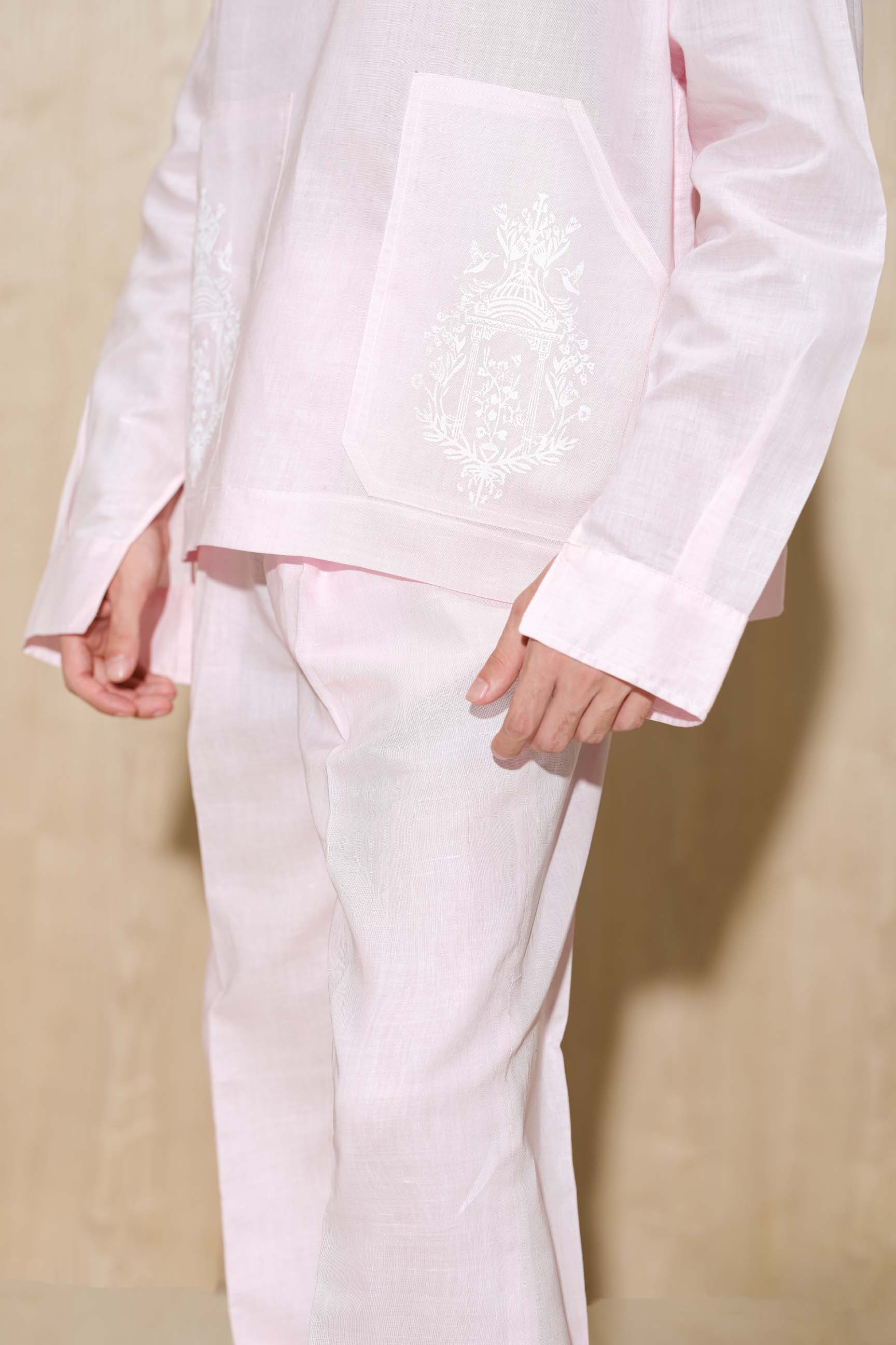 Powder Pink Oversized V-Neck Shirt with Baggy Wide-Leg Trousers