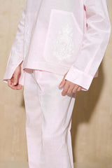 Powder Pink Oversized V-Neck Shirt with Baggy Wide-Leg Trousers