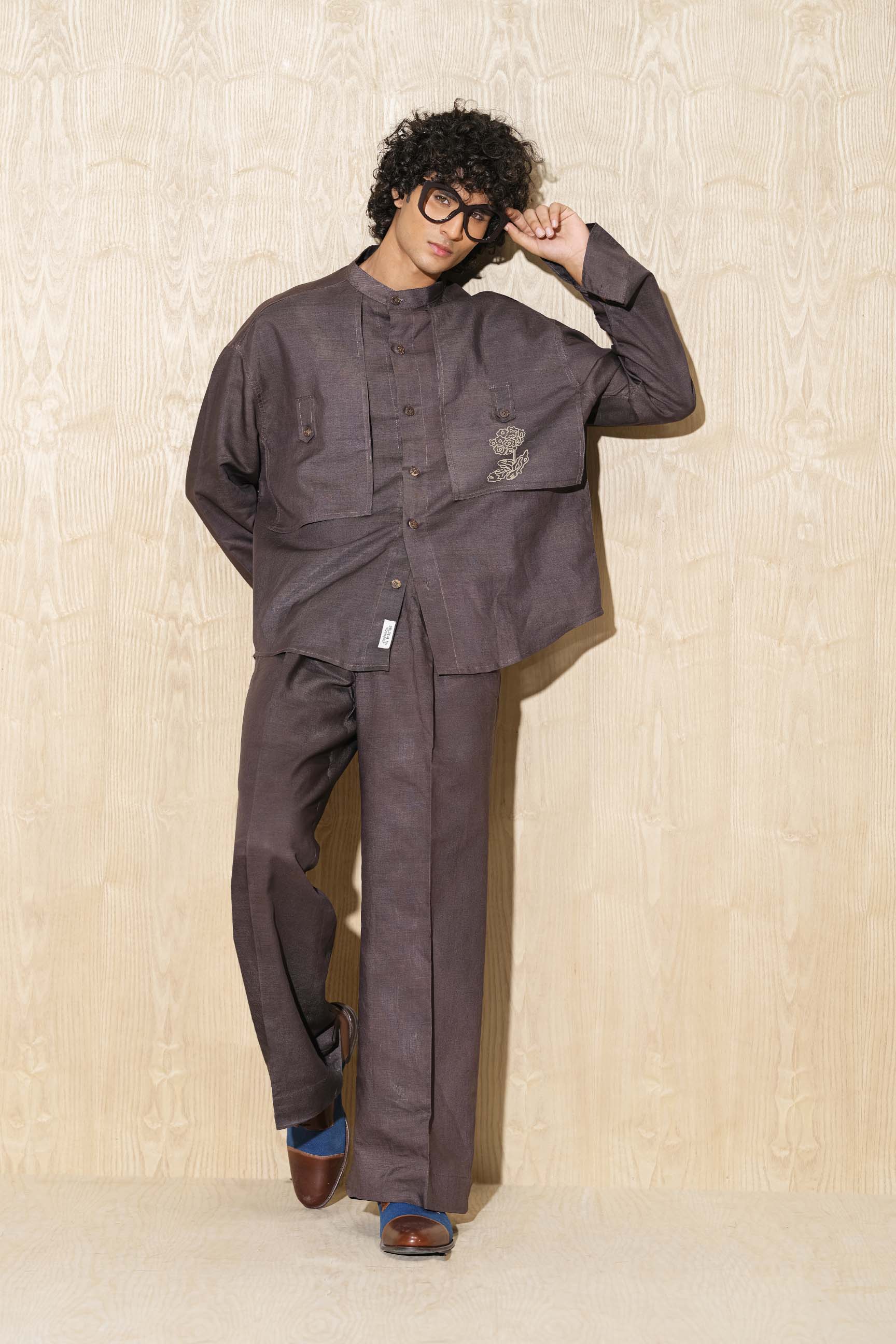 Brown Stone Calle Oversized Utility Shirt with Wide-Leg Trousers
