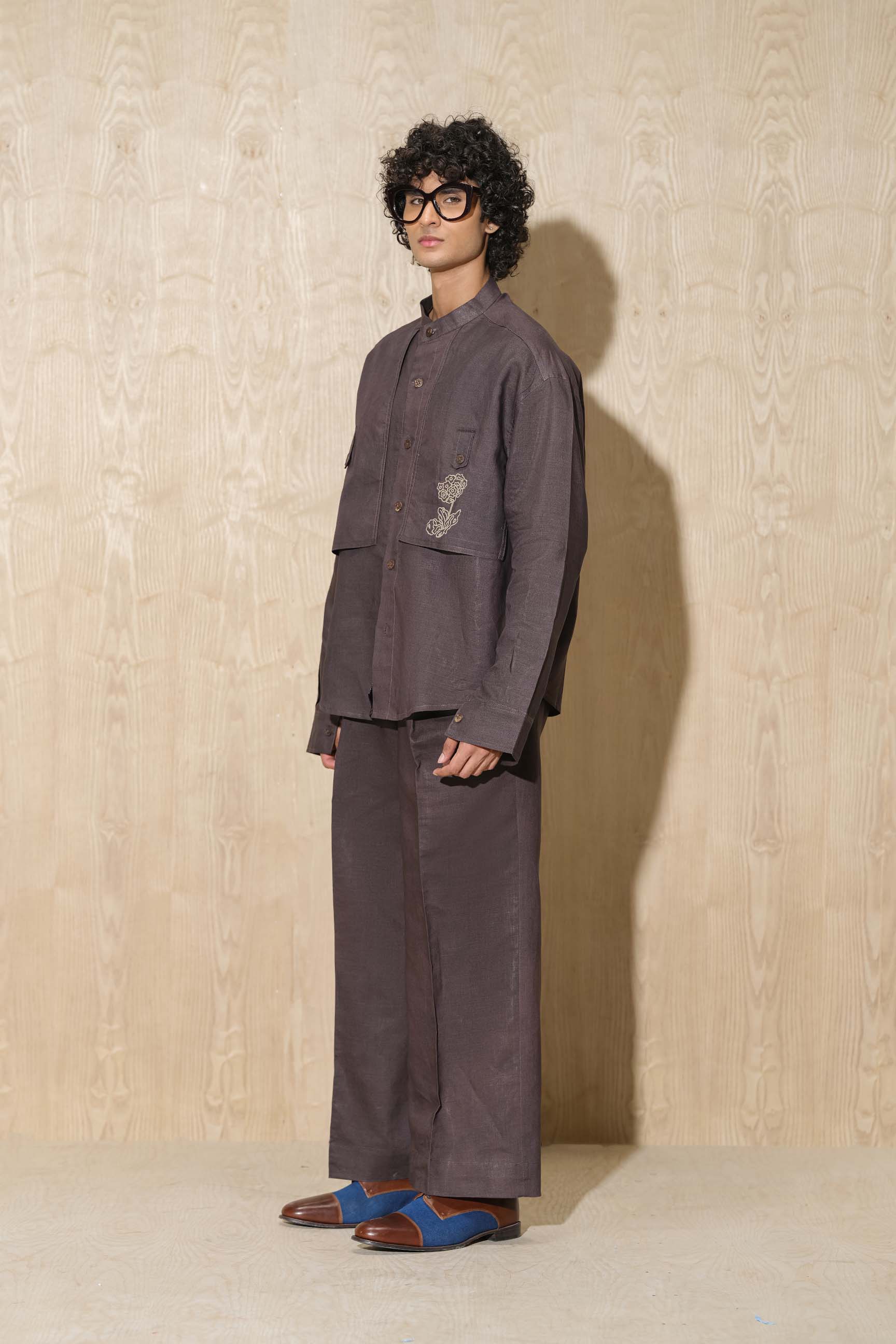 Brown Stone Calle Oversized Utility Shirt with Wide-Leg Trousers