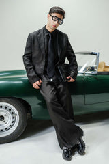 Dark Black “Old Money” Aesthetic Oversized Blazer Set (Blazer + Shirt + High-Waist Bell-Bottom Trousers)