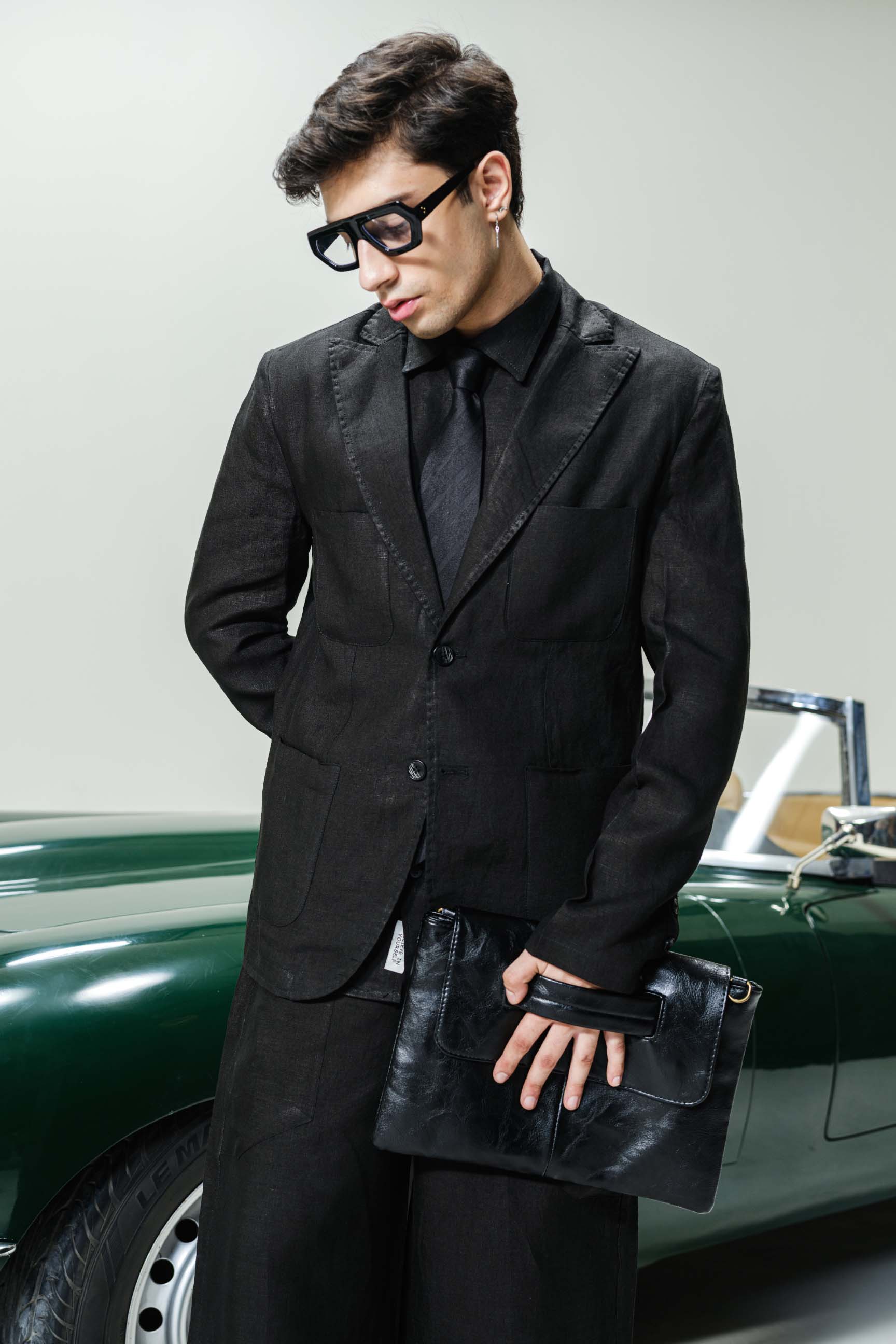 Dark Black “Old Money” Aesthetic Oversized Blazer Set (Blazer + Shirt + High-Waist Bell-Bottom Trousers)