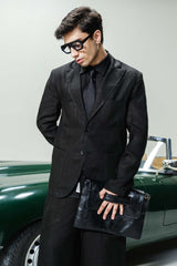 Dark Black “Old Money” Aesthetic Oversized Blazer Set (Blazer + Shirt + High-Waist Bell-Bottom Trousers)