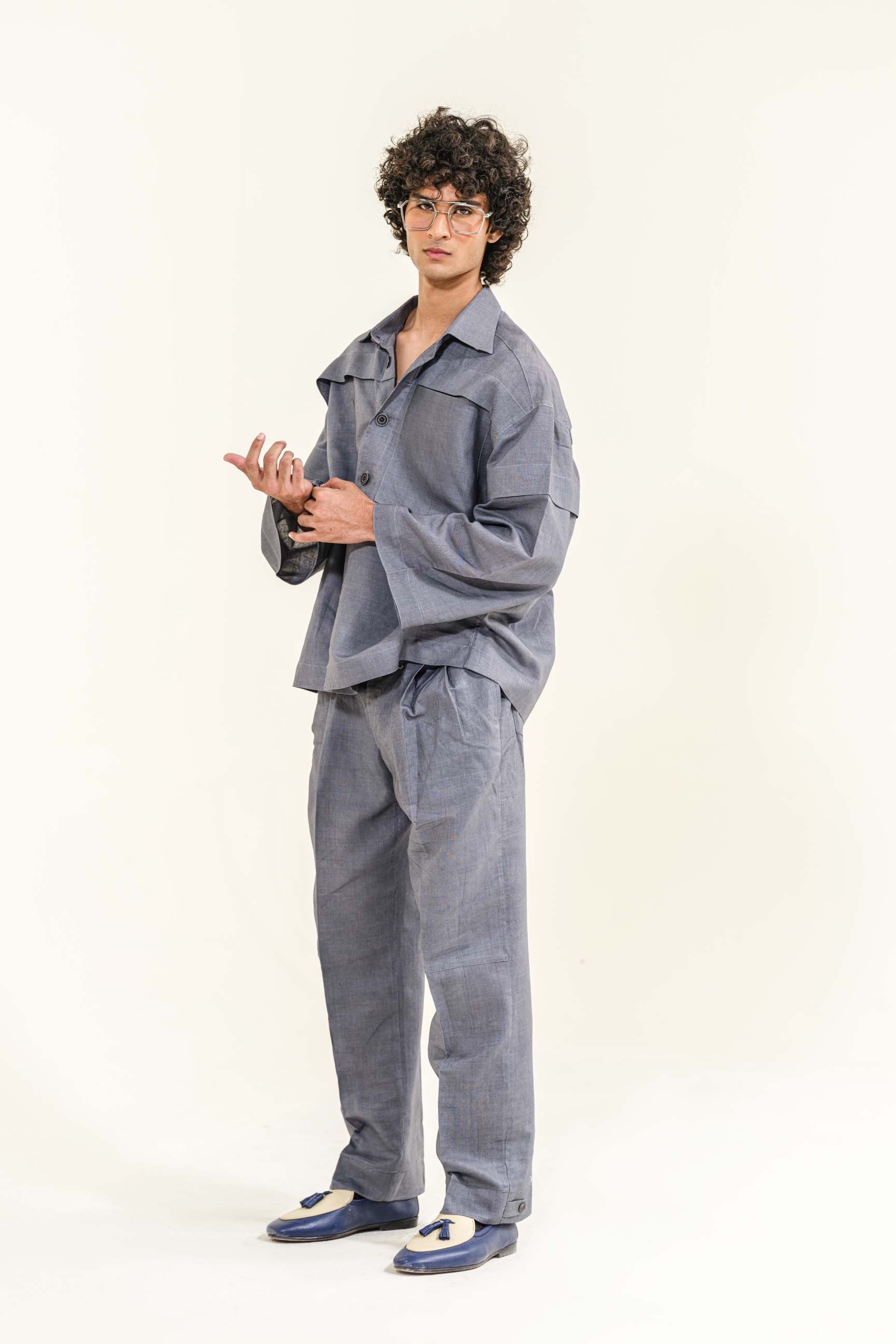 Ash Grey Calle Oversized Utility Shirt with Wide-Leg Trousers