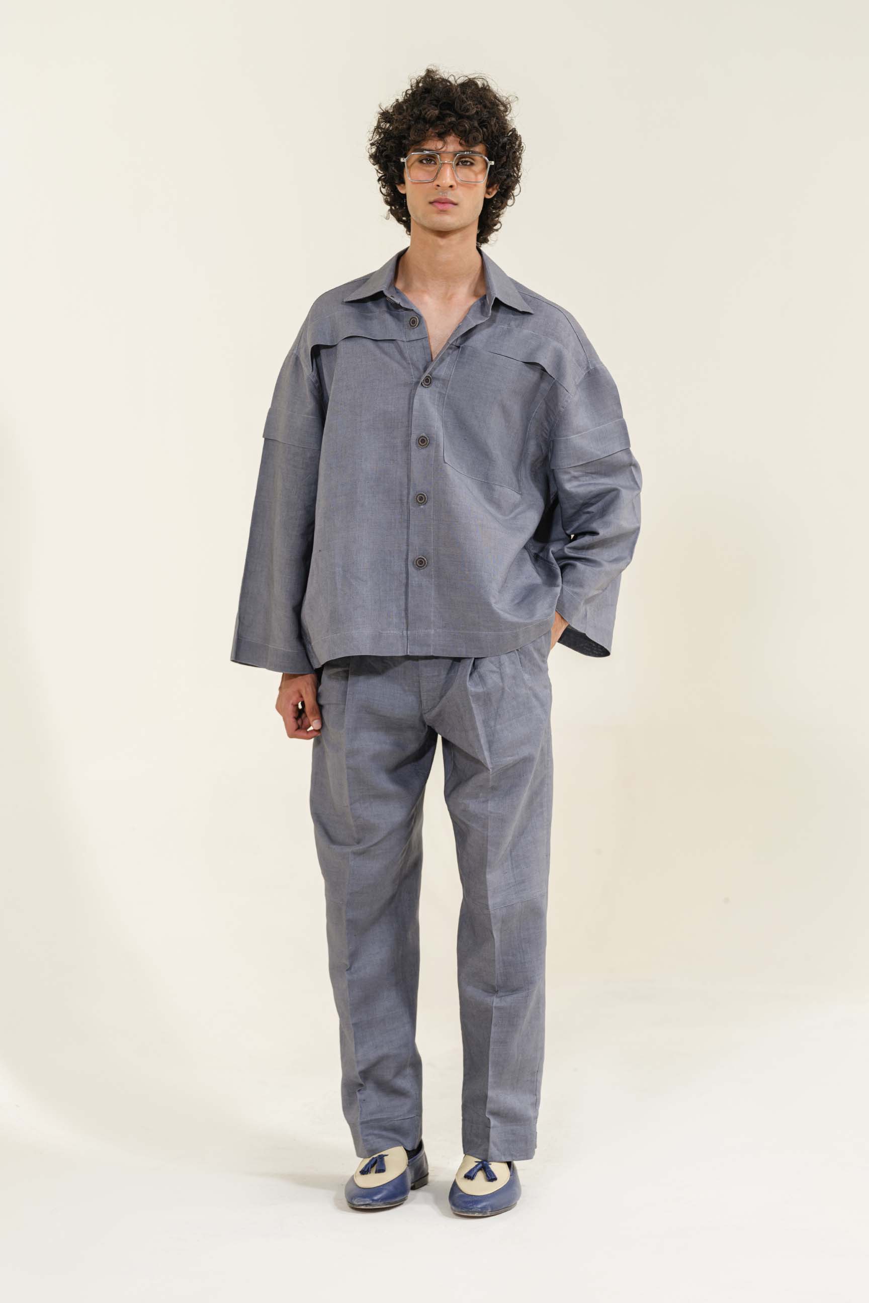 Ash Grey Calle Oversized Utility Shirt with Wide-Leg Trousers