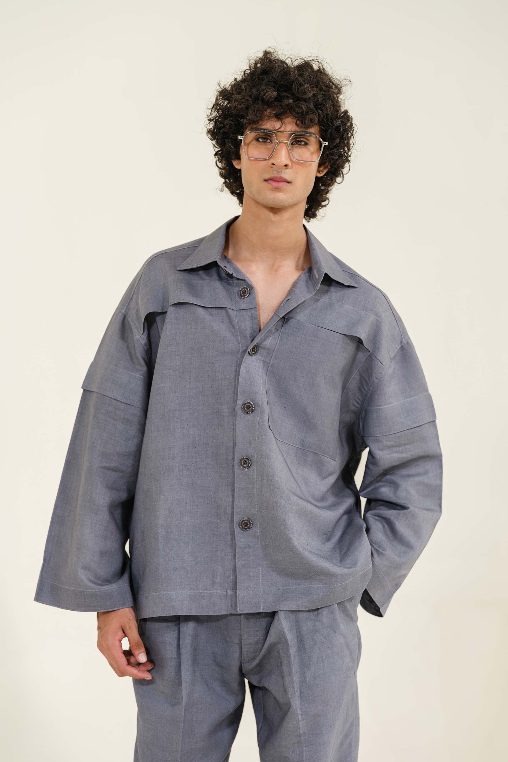 Ash Grey Calle Oversized Utility Shirt with Wide-Leg Trousers