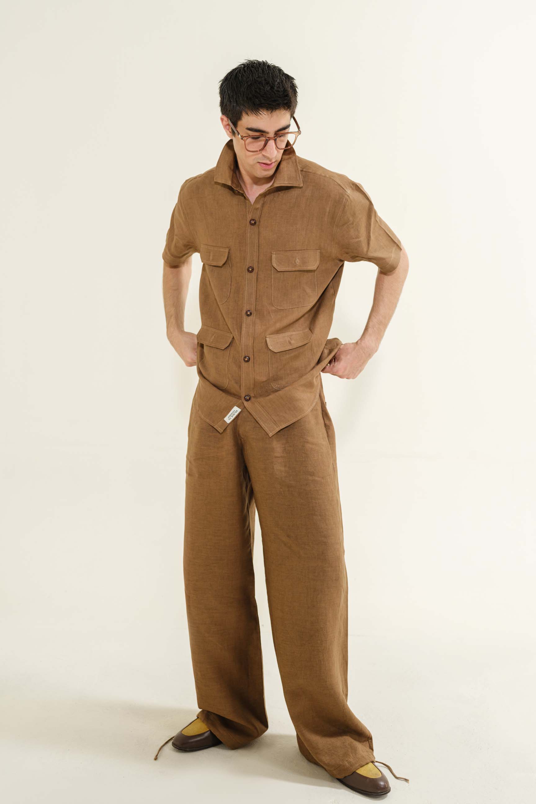 Walnut “Old Money” Cuban Collar Half-Sleeve Shirt with Bell-Bottom Trousers
