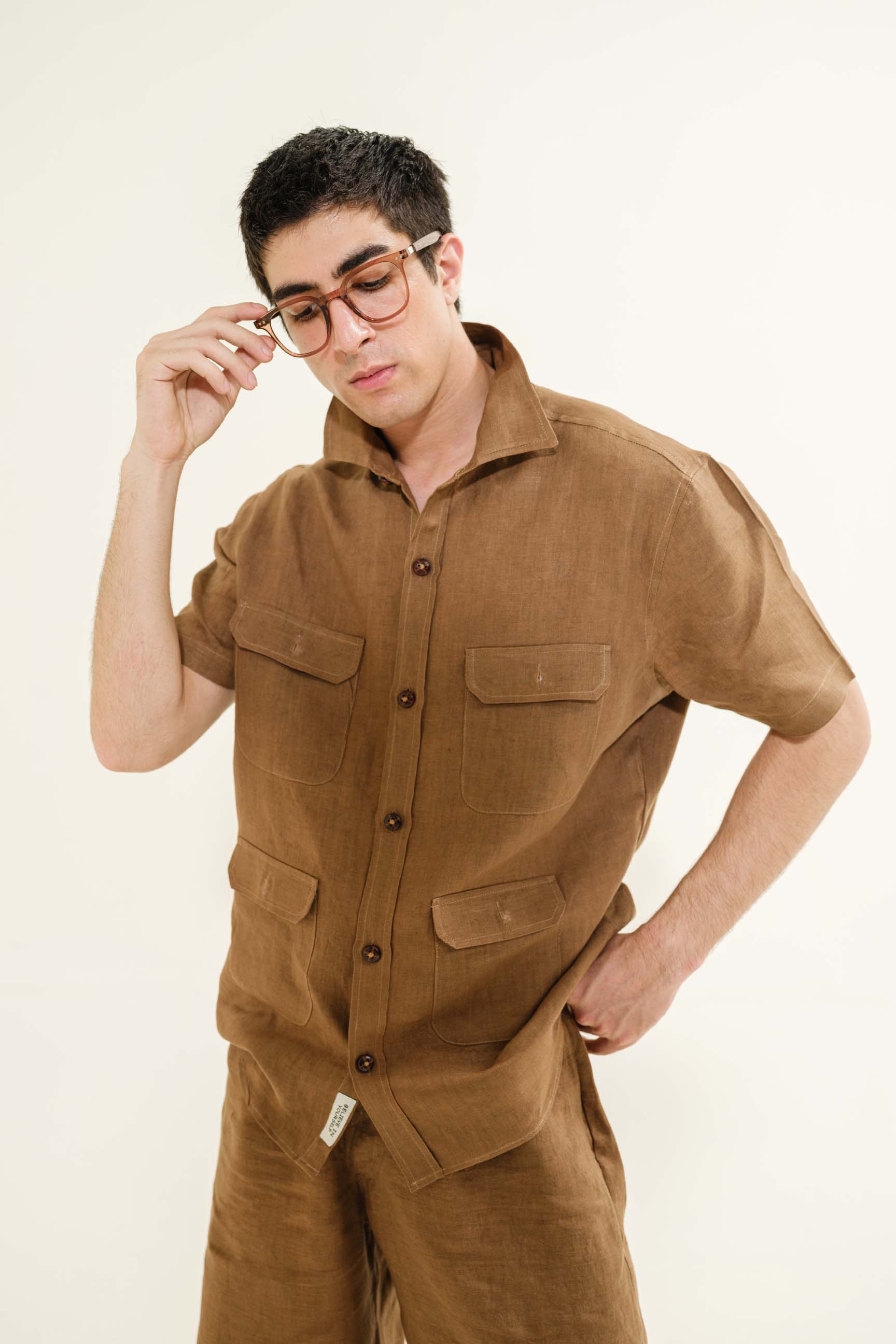 Walnut “Old Money” Cuban Collar Half-Sleeve Shirt with Bell-Bottom Trousers