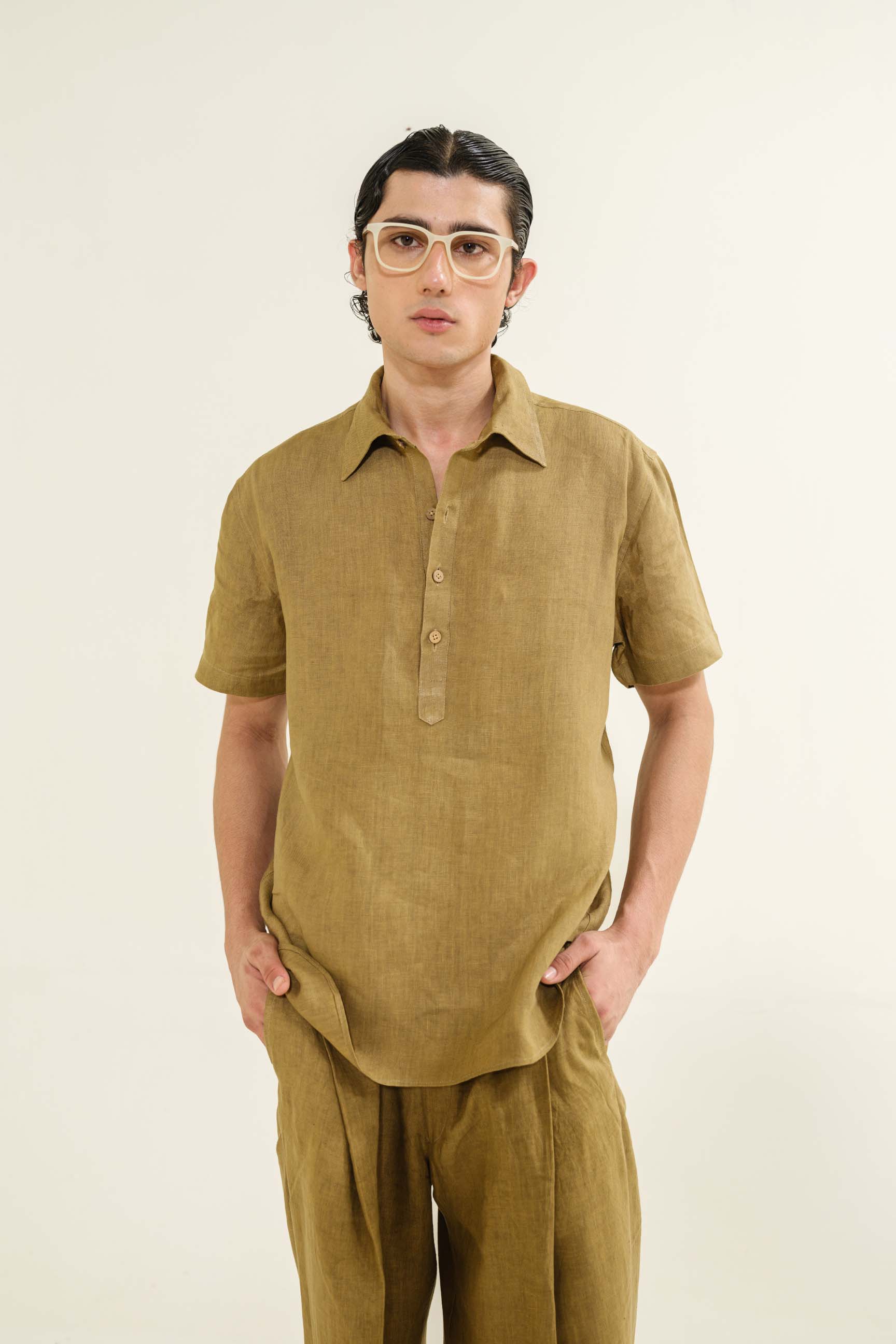 Tussock Walnut “Old Money” Cuban Collar Shirt with Bell-Bottom Trousers