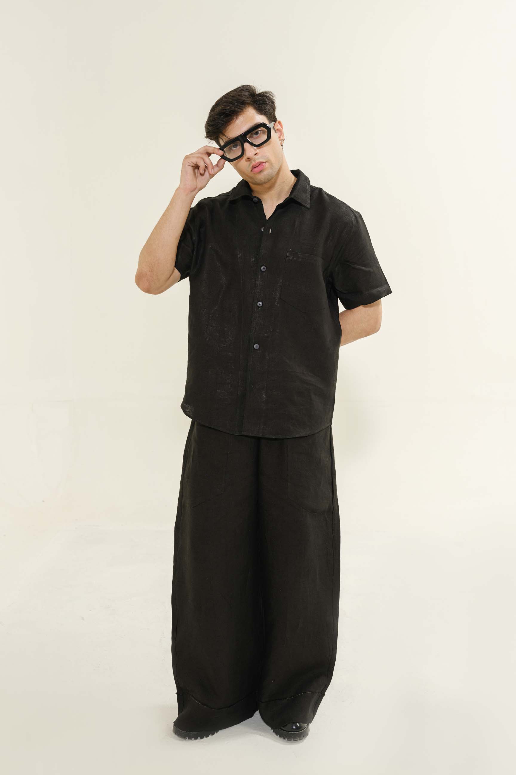 Dark Black “Old Money” Cuban Collar Shirt with Bell-Bottom Trousers