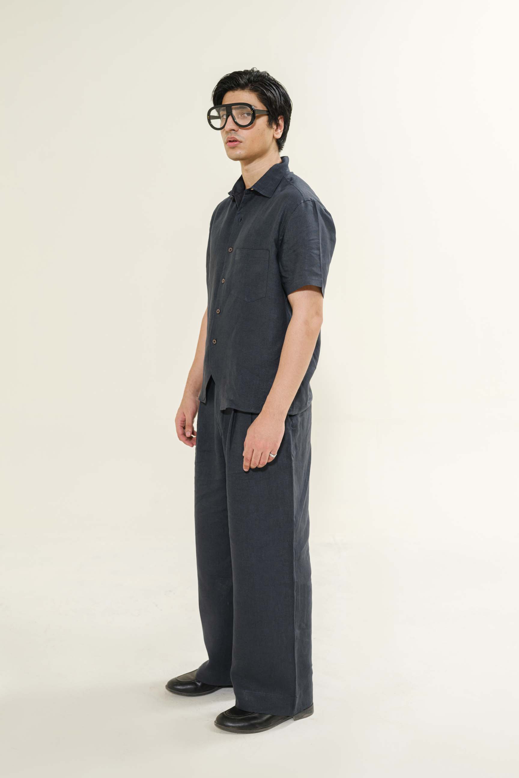 Charcoal Grey “Old Money” Cuban Collar Shirt with Bell-Bottom Trousers