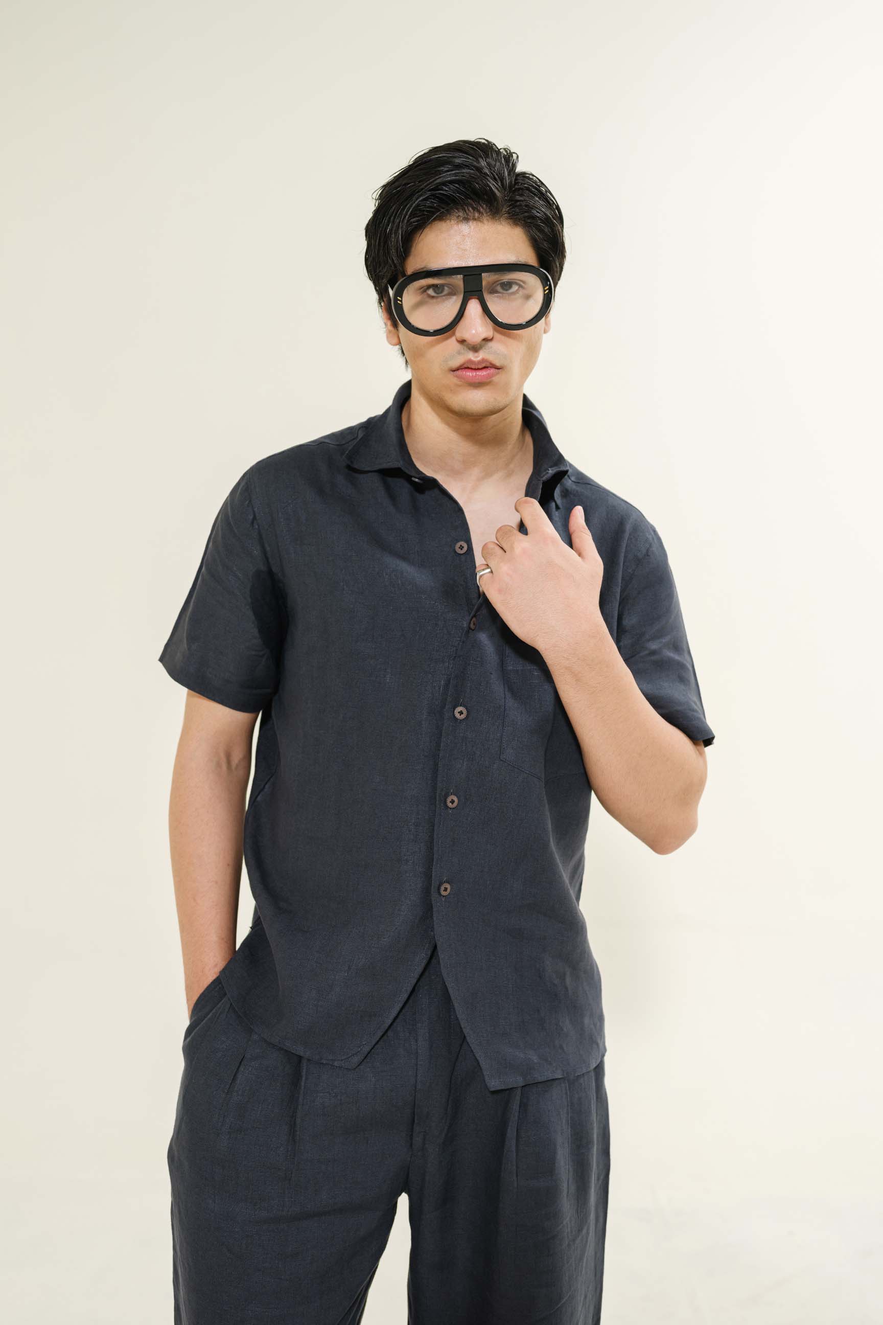 Charcoal Grey “Old Money” Cuban Collar Shirt with Bell-Bottom Trousers