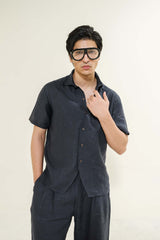 Charcoal Grey “Old Money” Cuban Collar Shirt with Bell-Bottom Trousers