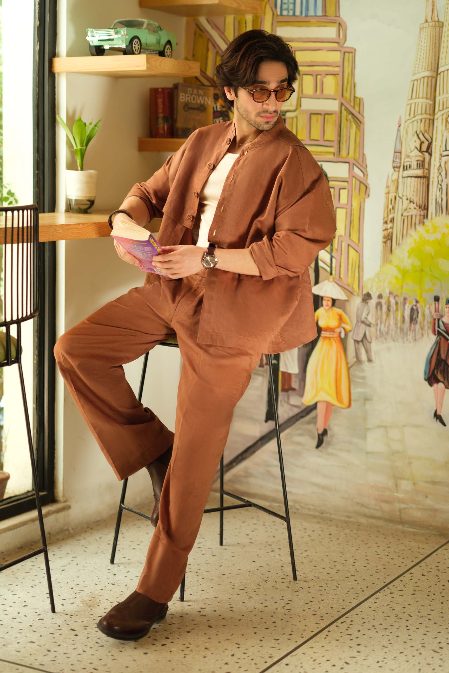 Coco Brown Oversized Shirt & White High-Waist Pant Set