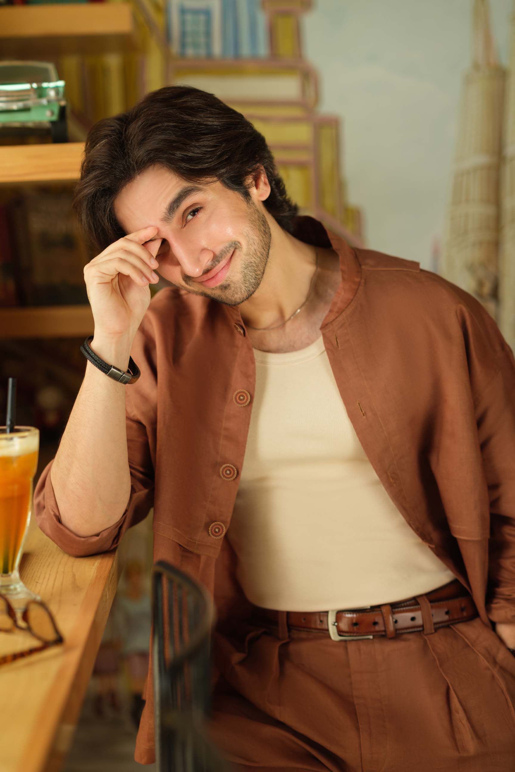 Coco Brown Oversized Shirt & White High-Waist Pant Set